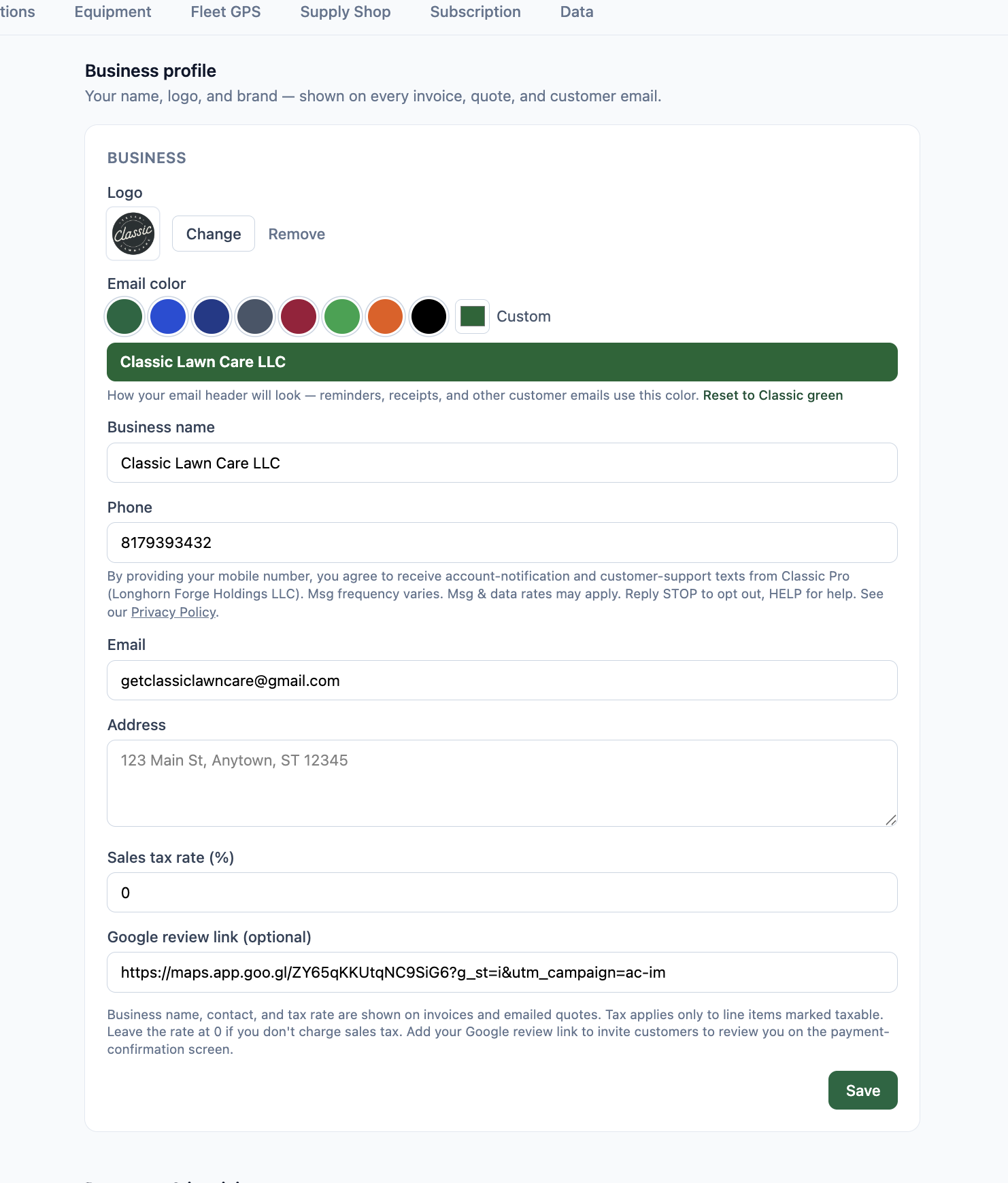 Classic Pro Settings business profile: Phone field with the SMS consent disclosure displayed beneath it